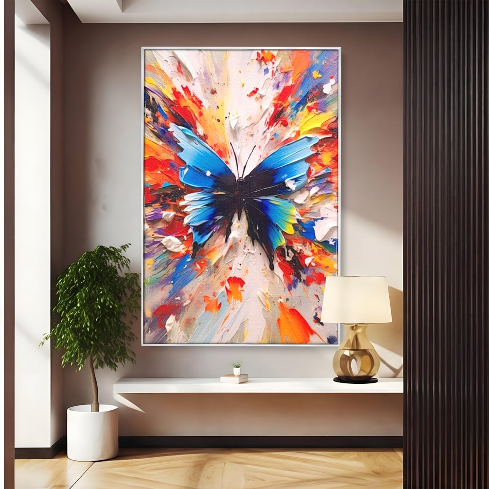Tablou canvas cu tablou canvas cu fluture albastru, in rama de aluminiu argintiu